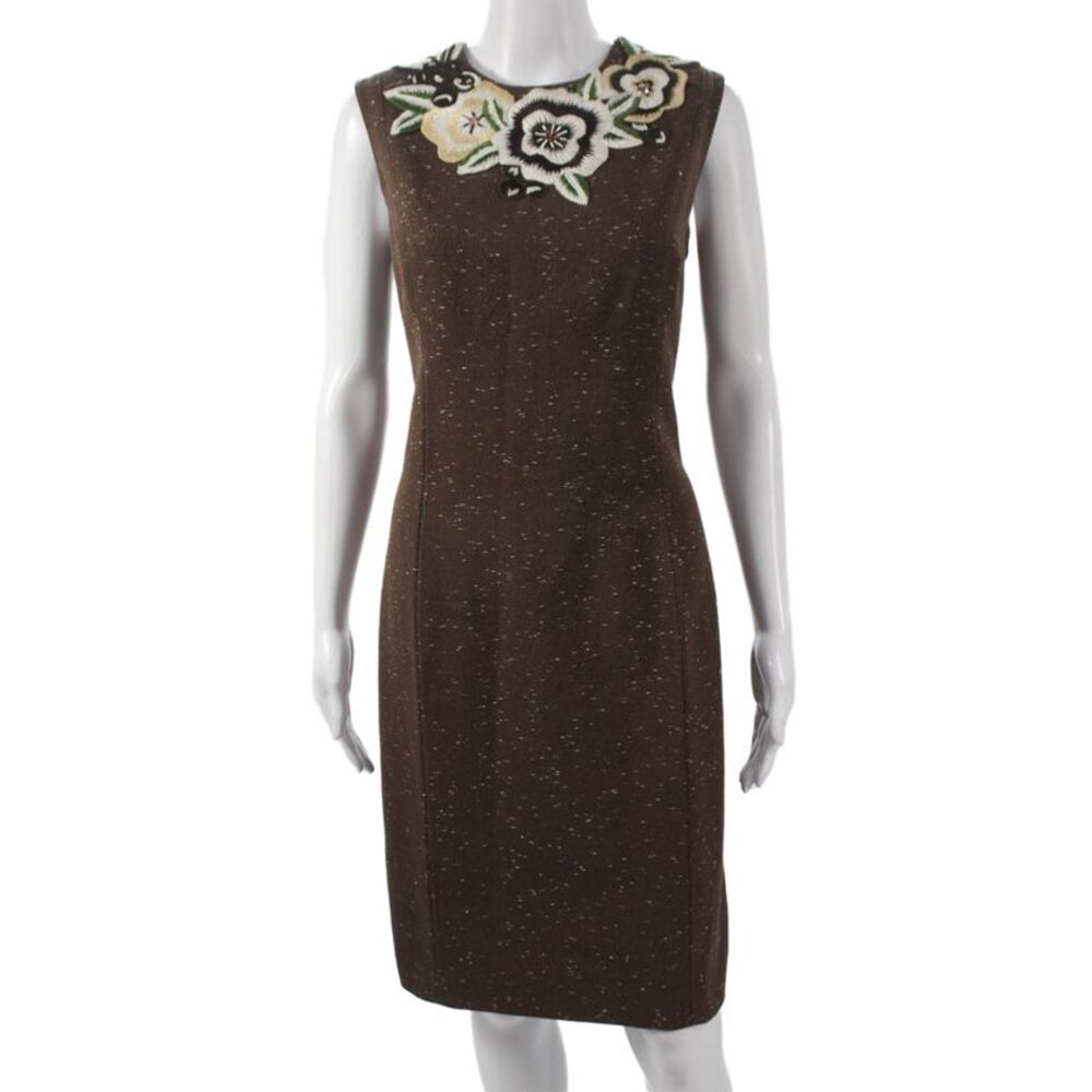 Not Available Womens Sheath Dress Brown Wool Floral Mid-Calf Sleeveless Size 10